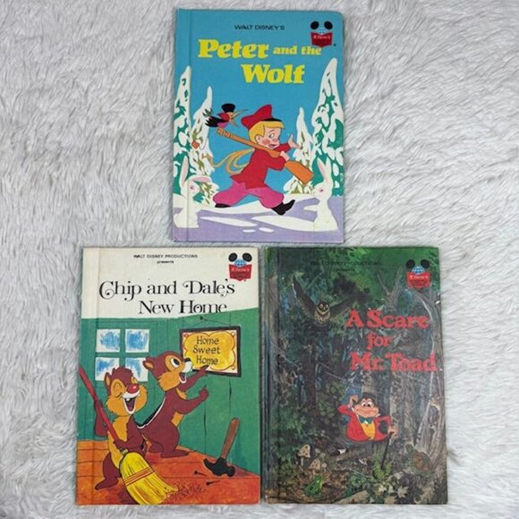 Vintage Set of 3 Disney Children's Books Peter & the Wolf/ Chip & Dale/ Mr. Toad - Picture 1 of 13
